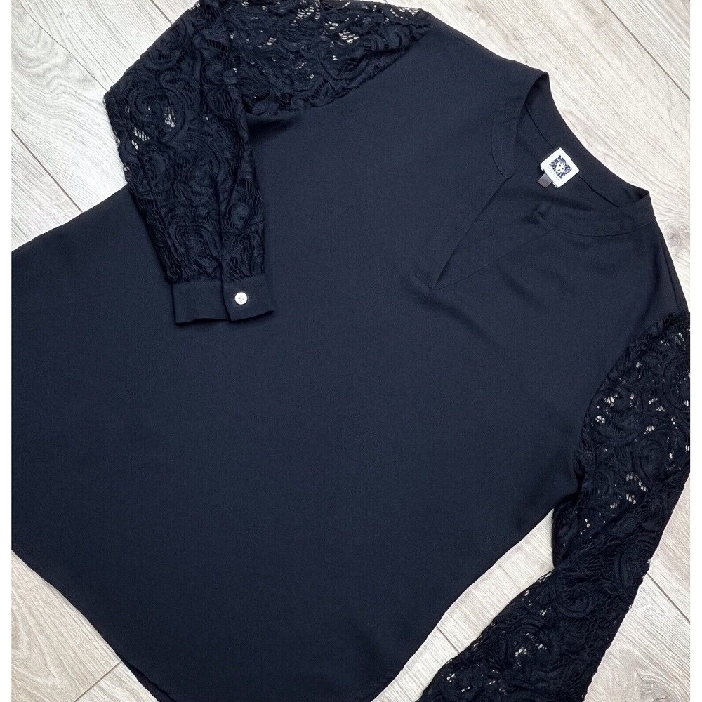 Anne Klein Blouse Lace Sleeve‎ V-Neck Elegant Career Top Black Size M